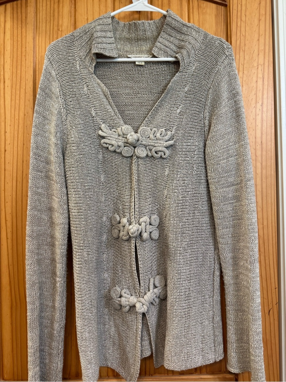 Coldwater Creek Taupe Knit Cardigan with Decorative Knot Closures